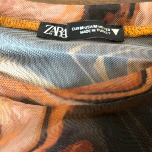 Zara Brown & Black Abstract Print Long Sleeve Sheer Bodysuit Size Medium - Picture 7 of 10